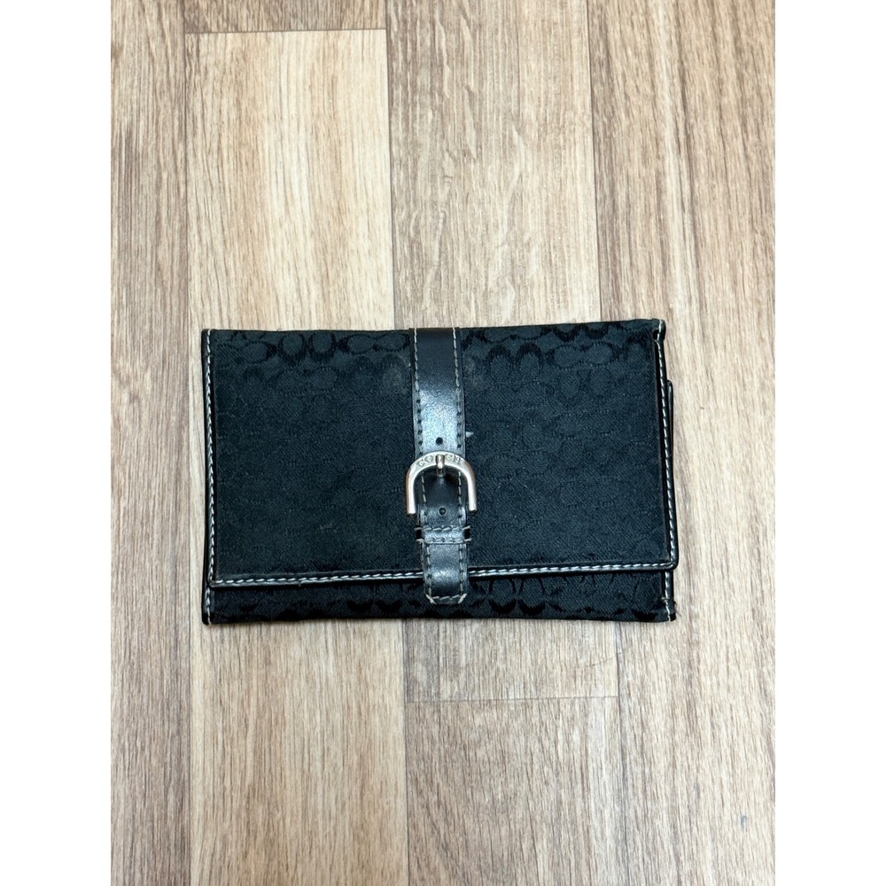 Coach Black Signature Jacquard Trifold Wallet Buckle Detail Leather Trim